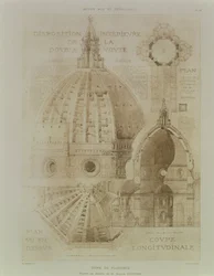 Planta, seção e elevação da Catedral de Florença, de "Fragmentos da Arquitetura da Idade Média e da Renascença", gravada por Jules Adolphe Chauvet (n.1828)